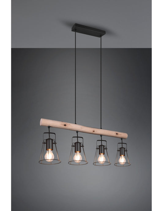 Suspension Wooden Bar 4 Lights Jaipur Industrial Vintage Black And Wood Trio Lighting