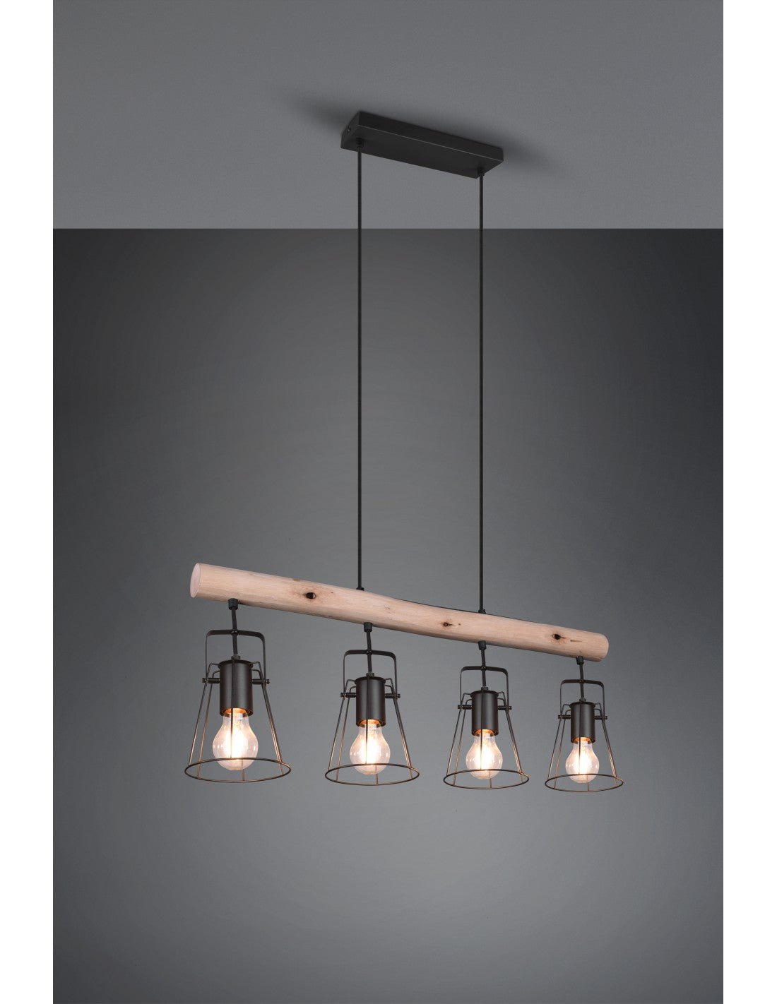Suspension Wooden Bar 4 Lights Jaipur Industrial Vintage Black And Wood Trio Lighting