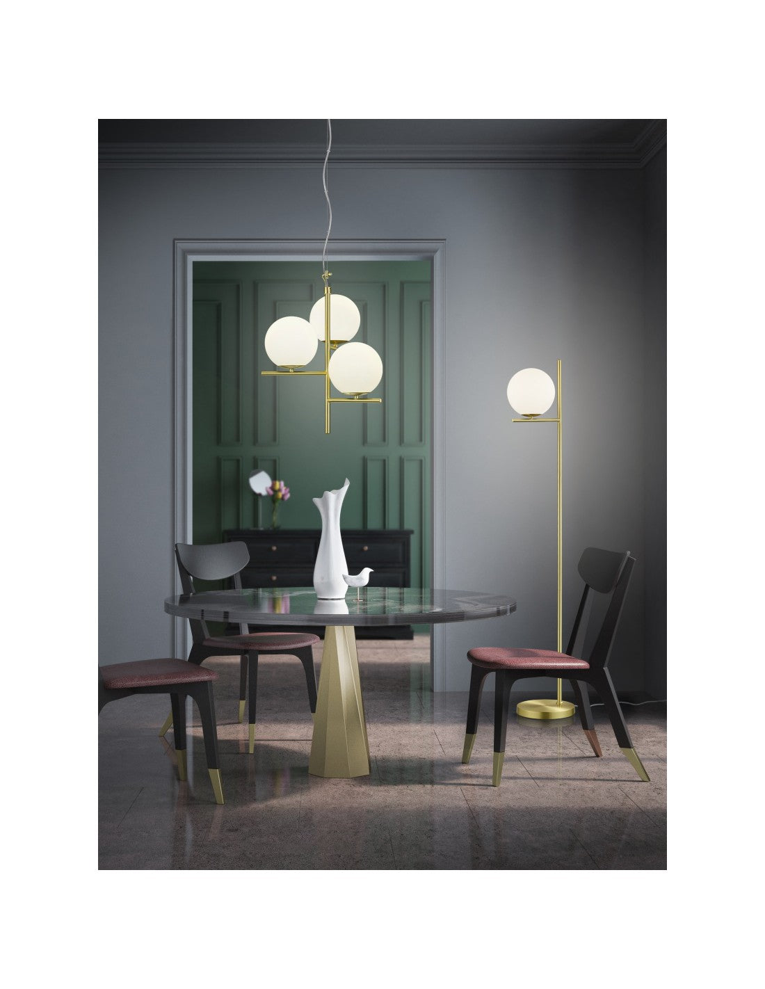 Kugel-Stehleuchte, weißes Glas, Messing, H150 cm, Pure Trio Lighting